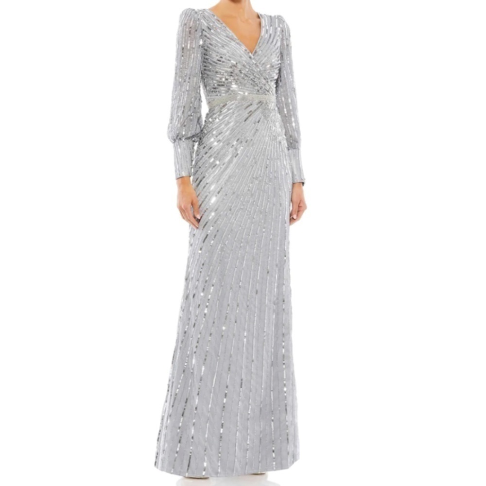 MAC DUGGAL Formal Wedding Long Sleeve Cocktail Long Gown Silver • size 14 NWT